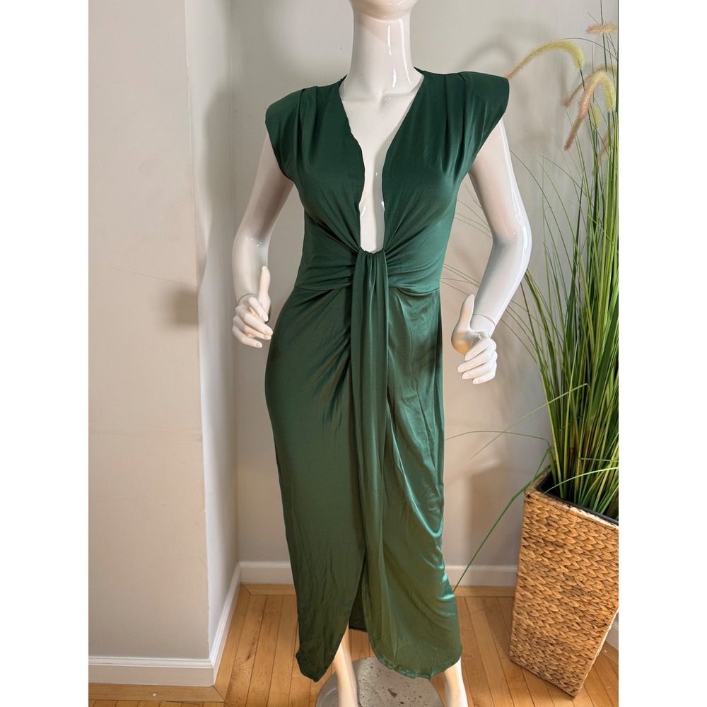 Micas Green Midi Dress Plunge Sleeveless Ruched Bodycon Party Cocktail Dress Xl - Picture 9 of 12
